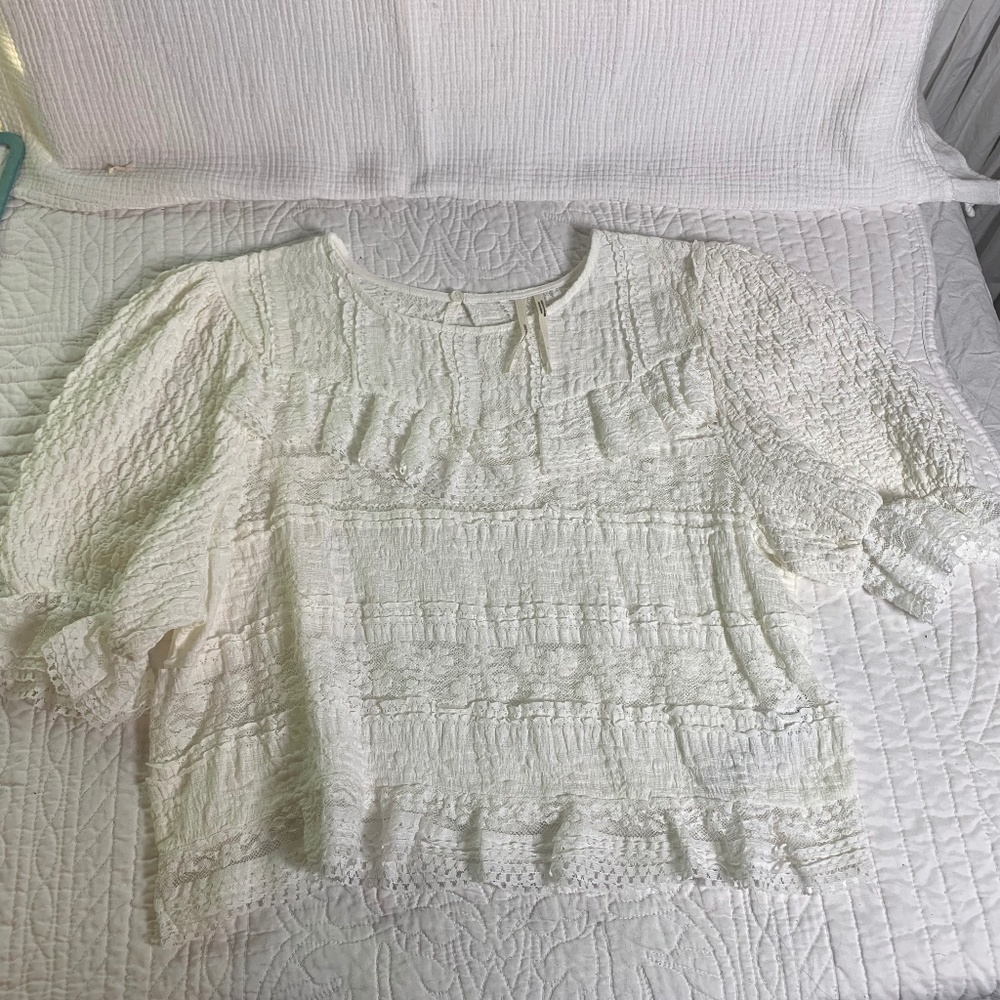 Anthropologie size Large romantic white lace top ruffled boho whimsical cottage - Picture 5 of 9